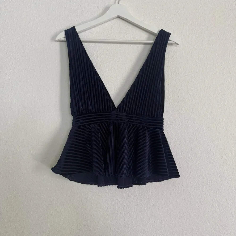 URBAN OUTFITTERS Leora Velvet Plunging Peplum Sexy Boho Top Navy Blue Size M - Picture 3 of 11